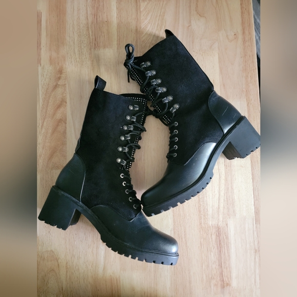 Olivia Miller Faux Leather Black Studded Lace-up Combat Boot - Picture 4 of 6